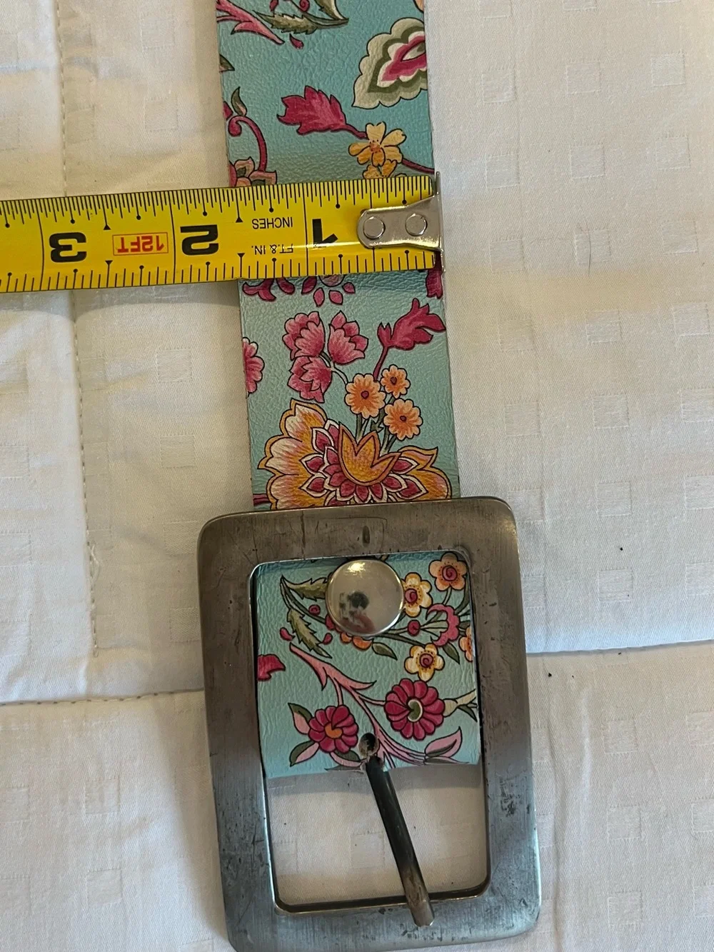 Floral Print Leather Belt in Light Blue